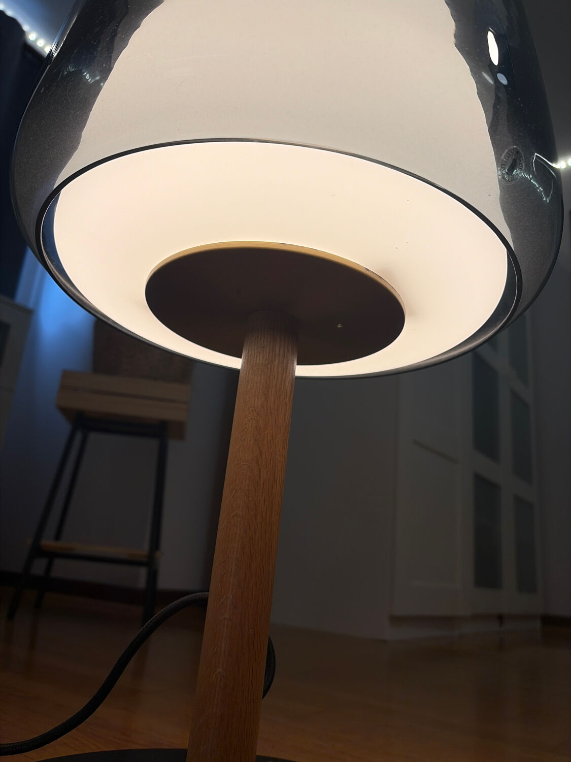 Smoked glass and wood design lamp – Scandinavian / contemporary spirit