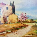 Oil painting on cardboard signed J. Masse village landscape