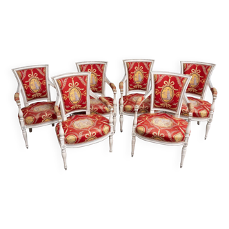 Suite of 6 Directoire armchairs with white and gray trimmings, 19th Century Antique