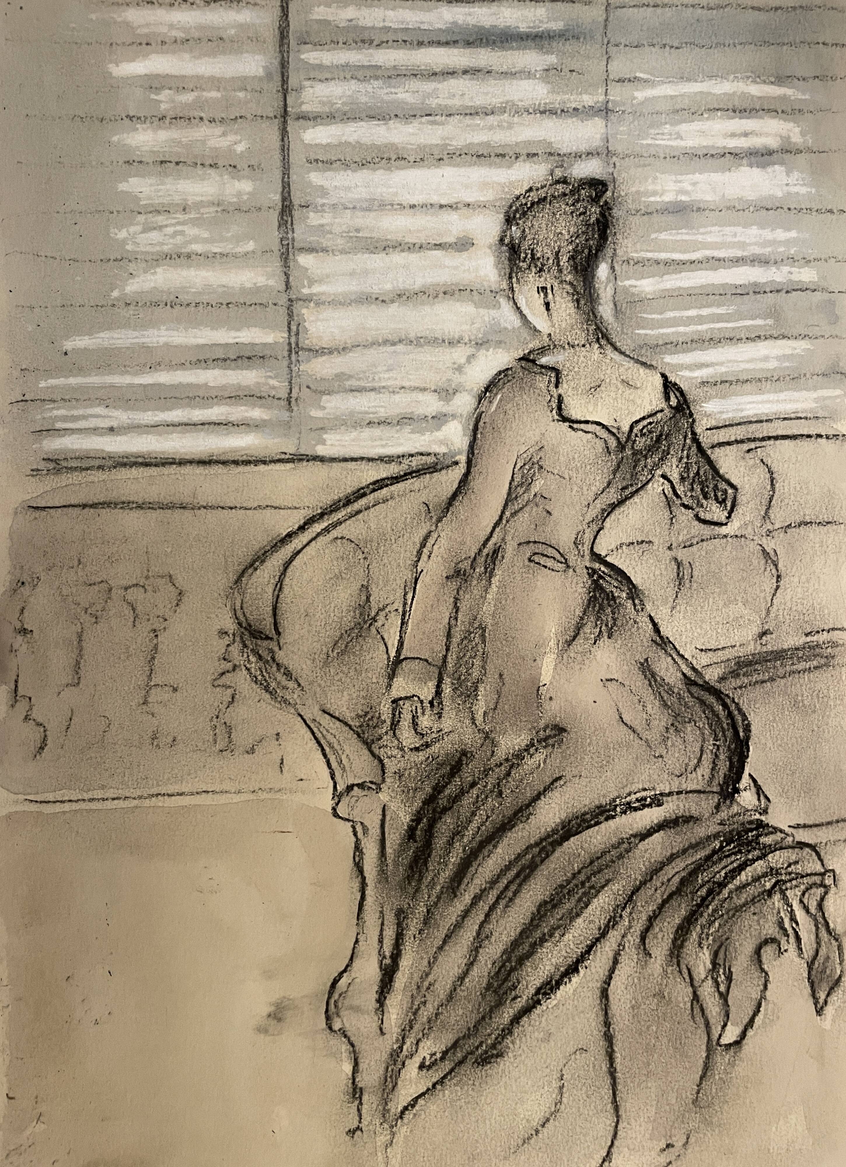 Painting signed charcoal watercolor female portrait Empire “sofa”