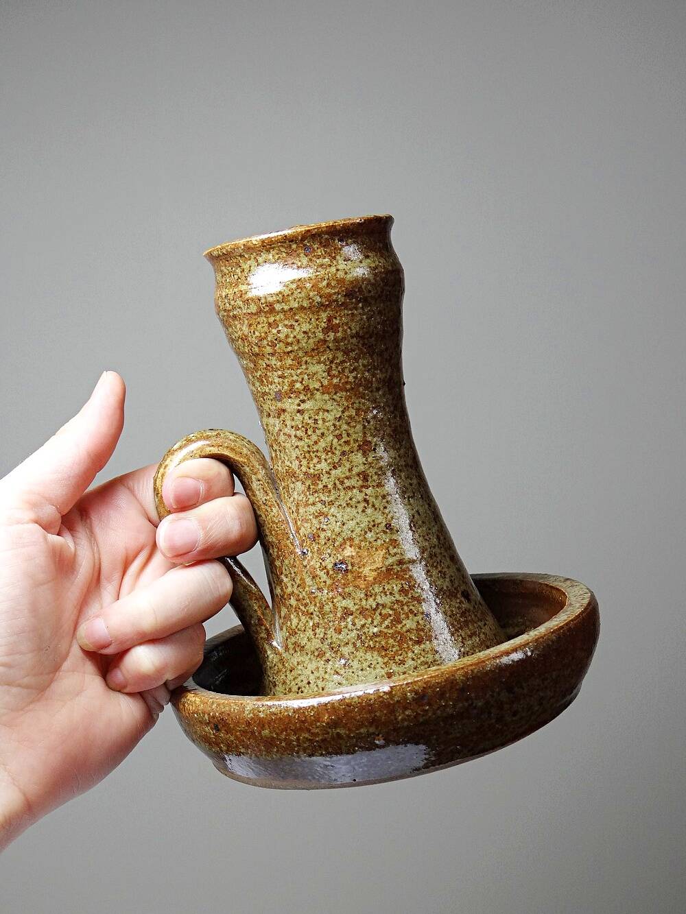 Large hand-held candle holder in handcrafted stoneware in the style of Baudat, La Borne, vintage