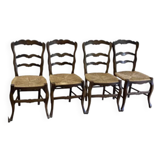4 chaises en bois paillées rustiques