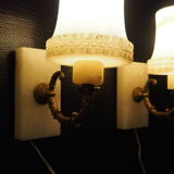 Pair of curved alabaster and bronze appliques