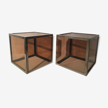 Paire de tables d’appoint cube en plexiglas & acier chromé 1970