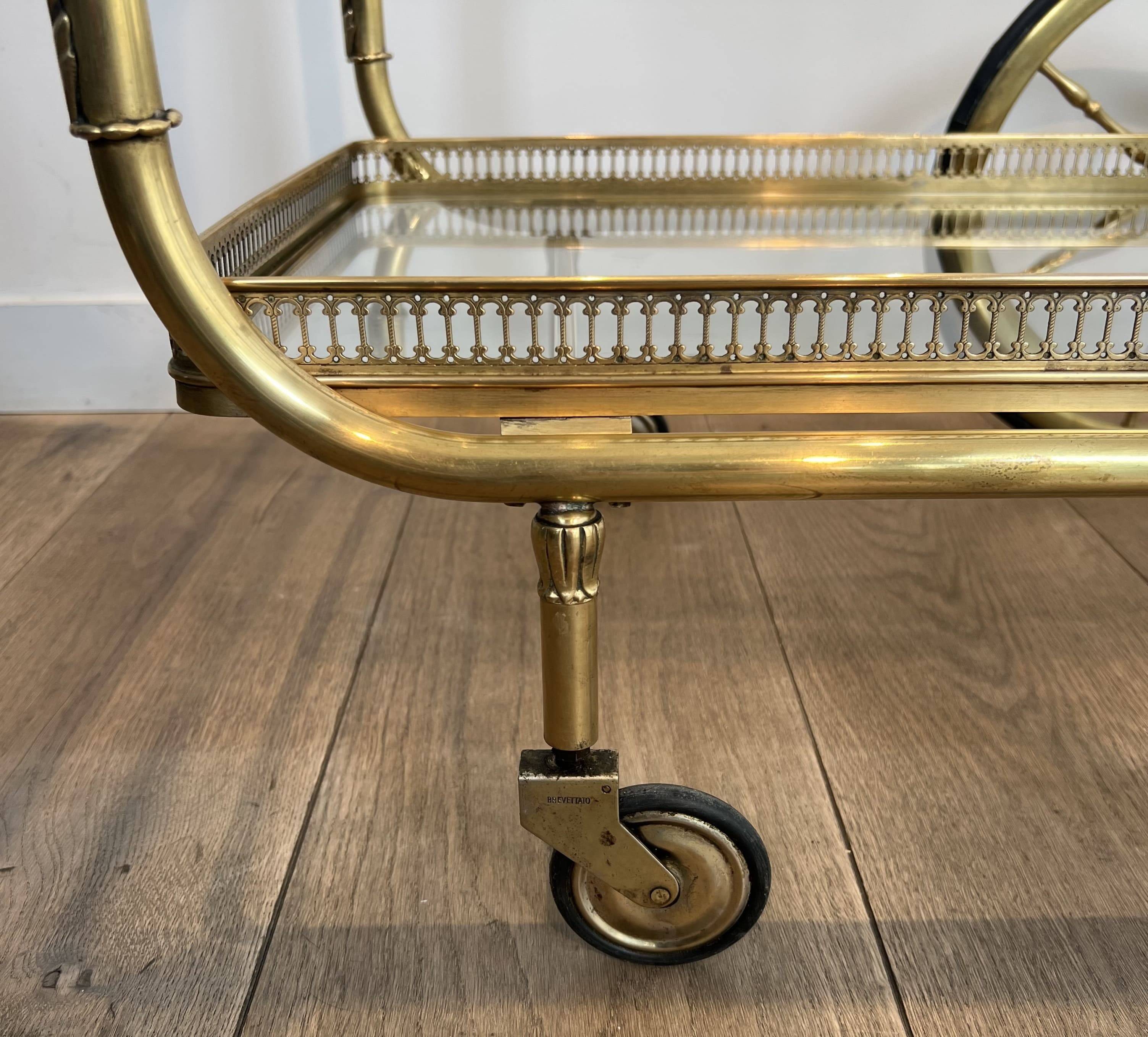 Rolling Table with Large Brass and Glass Wheels, Maison Jansen, Circa 1940