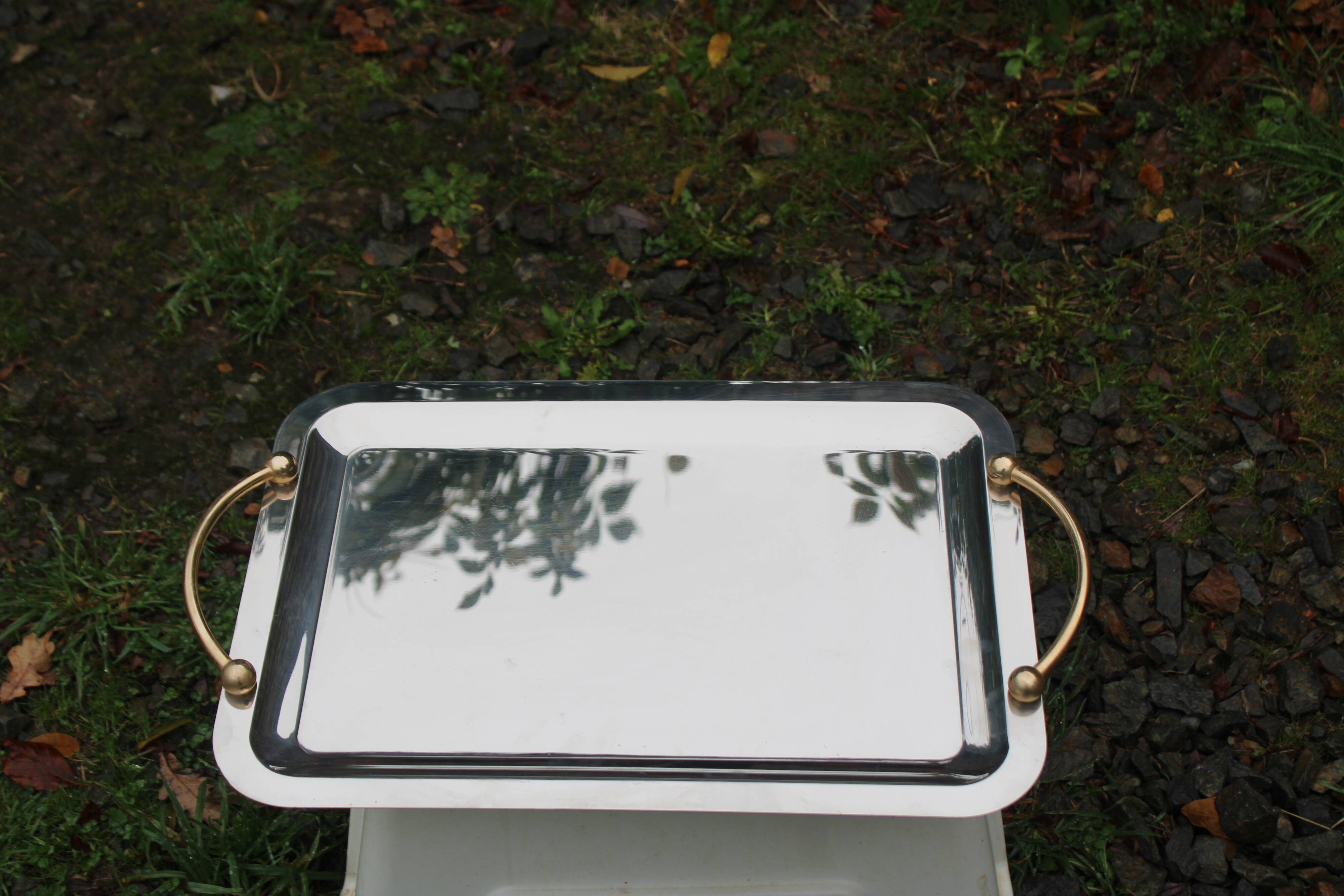 GUY DEGRENNE Serving Tray – Stainless Steel & Brass Handles – France