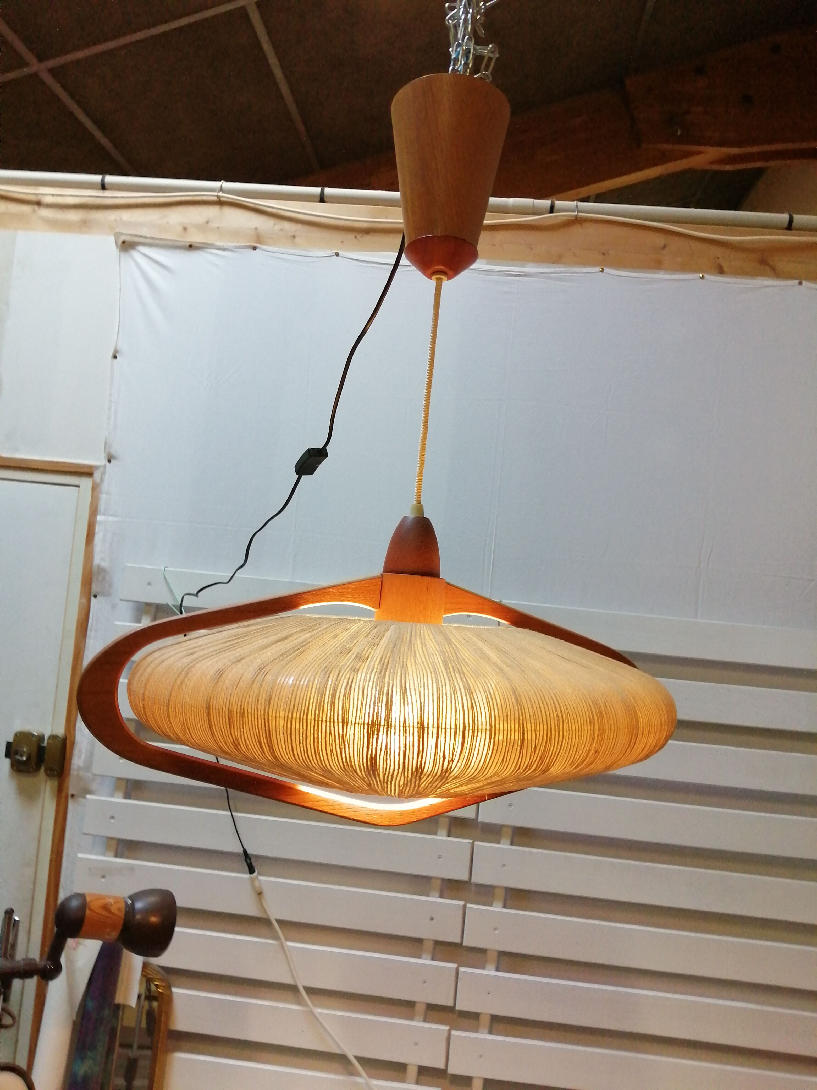 Sisal Ufo pendant lamp and vintage teak by Temde Leuchten