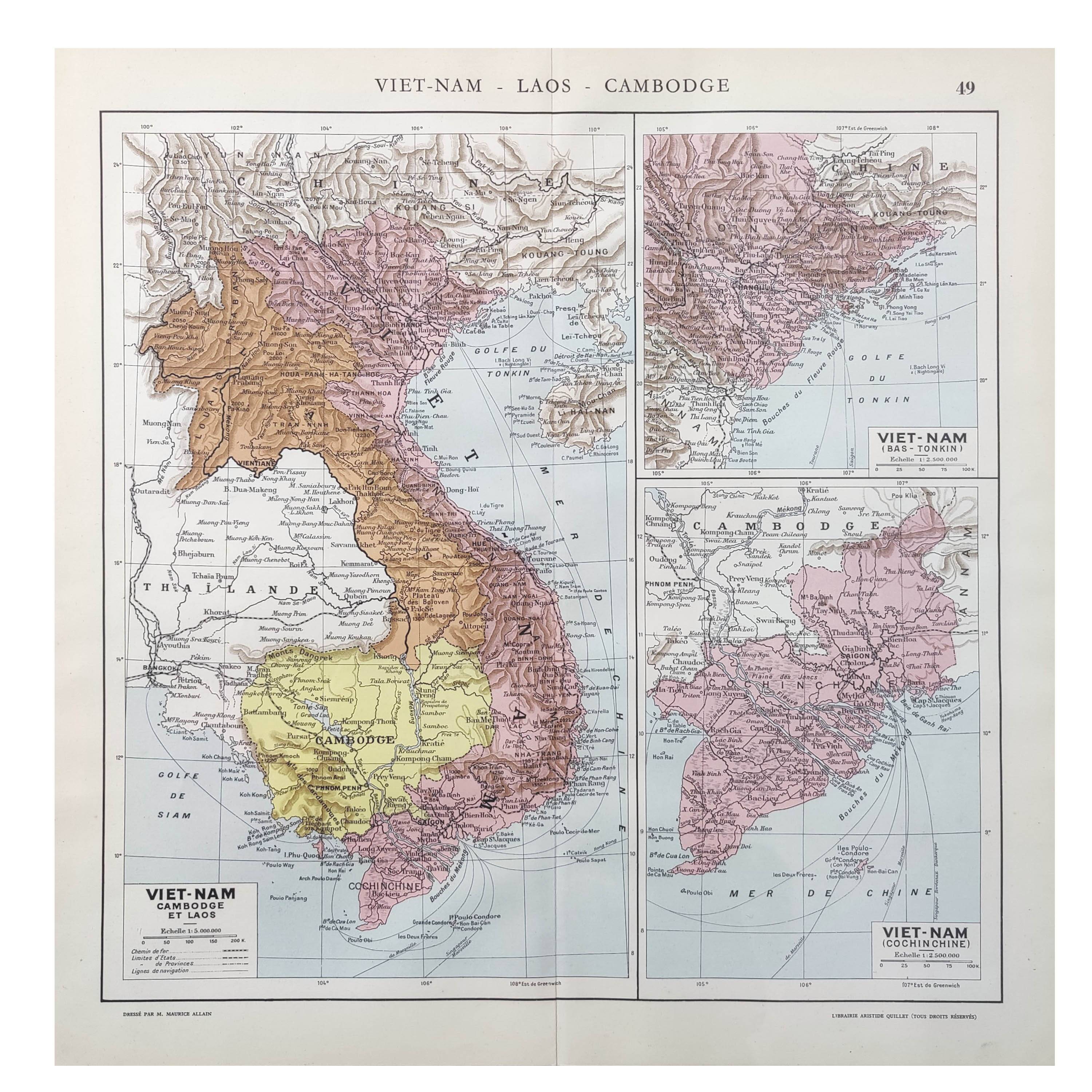 Old map Vietnam Laos Cambodia Asia 43x43cm from 1950