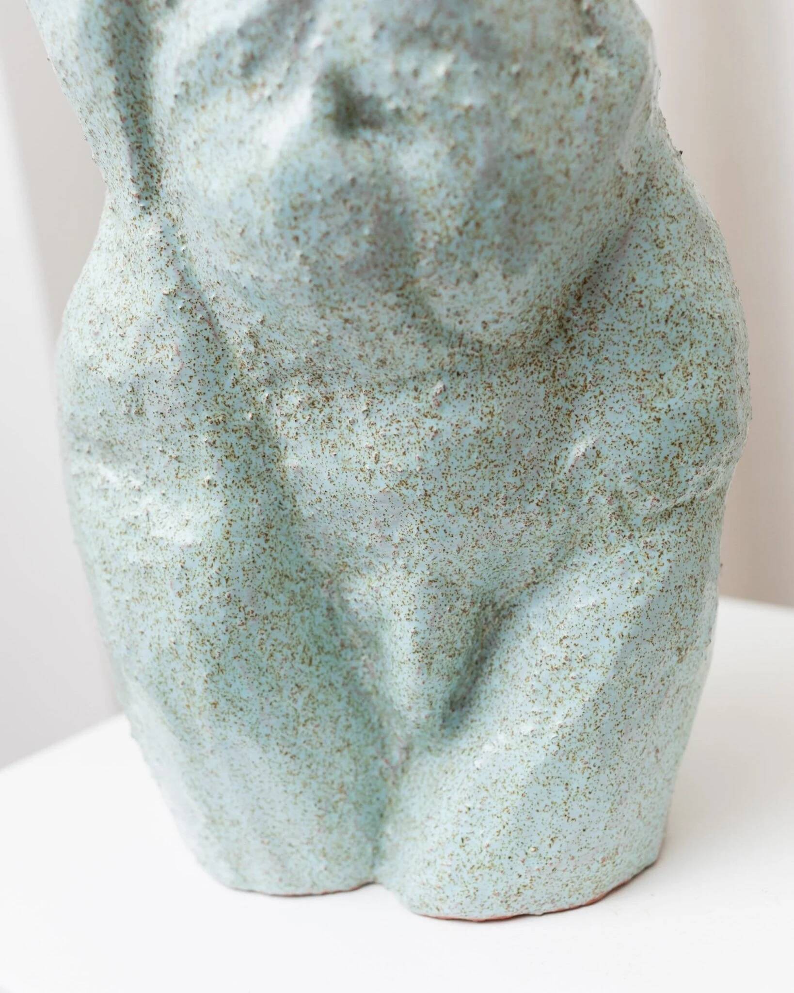 Light blue clay ceramic torso statue – mid-century design sculpture, heavy studio piece