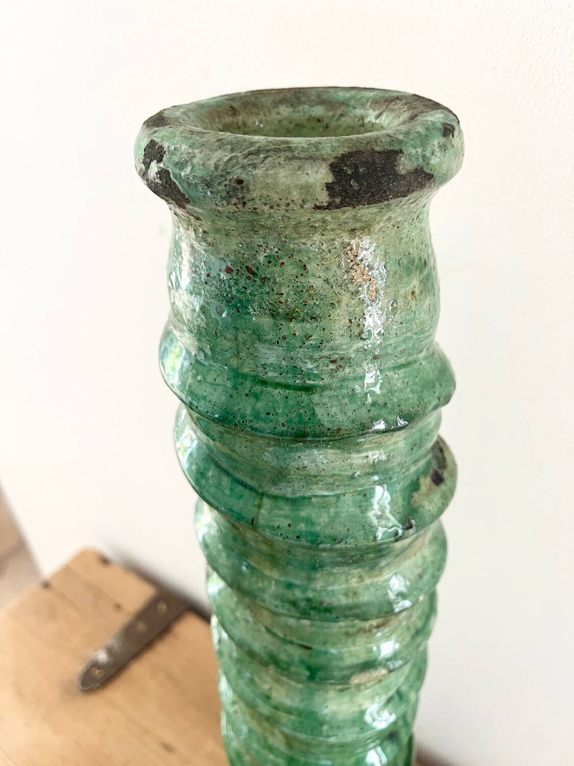 Green enamelled terracotta candle holder 50 cm