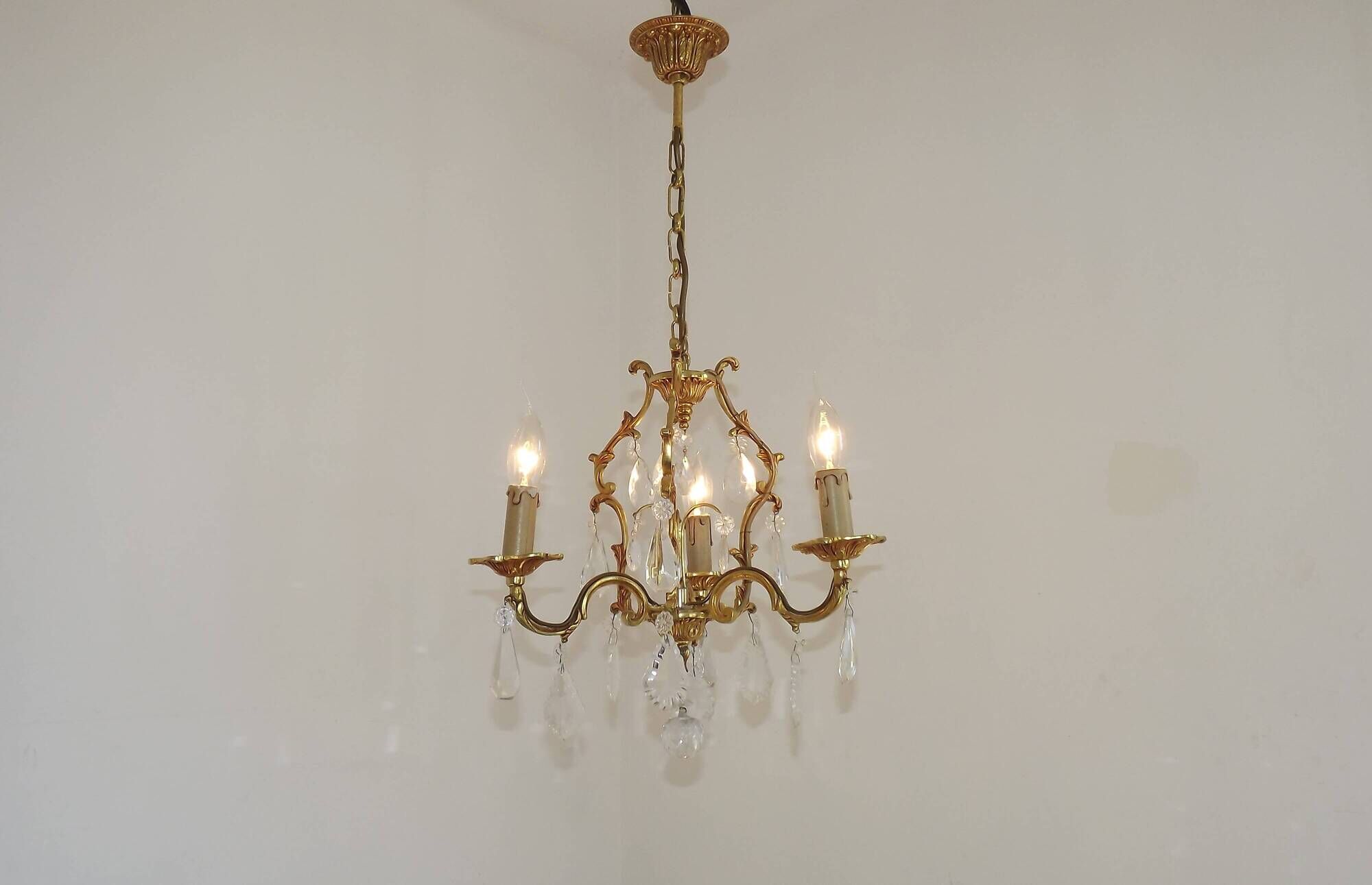 French Vintage Brass Mid Century 3 Light 3 Sided Crystal Cage Chandelier
