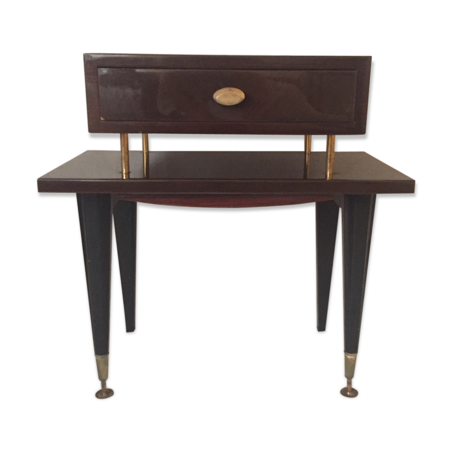 Varnished mahogany bedside table and brass 50s