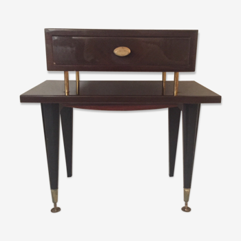 Varnished mahogany bedside table and brass 50s