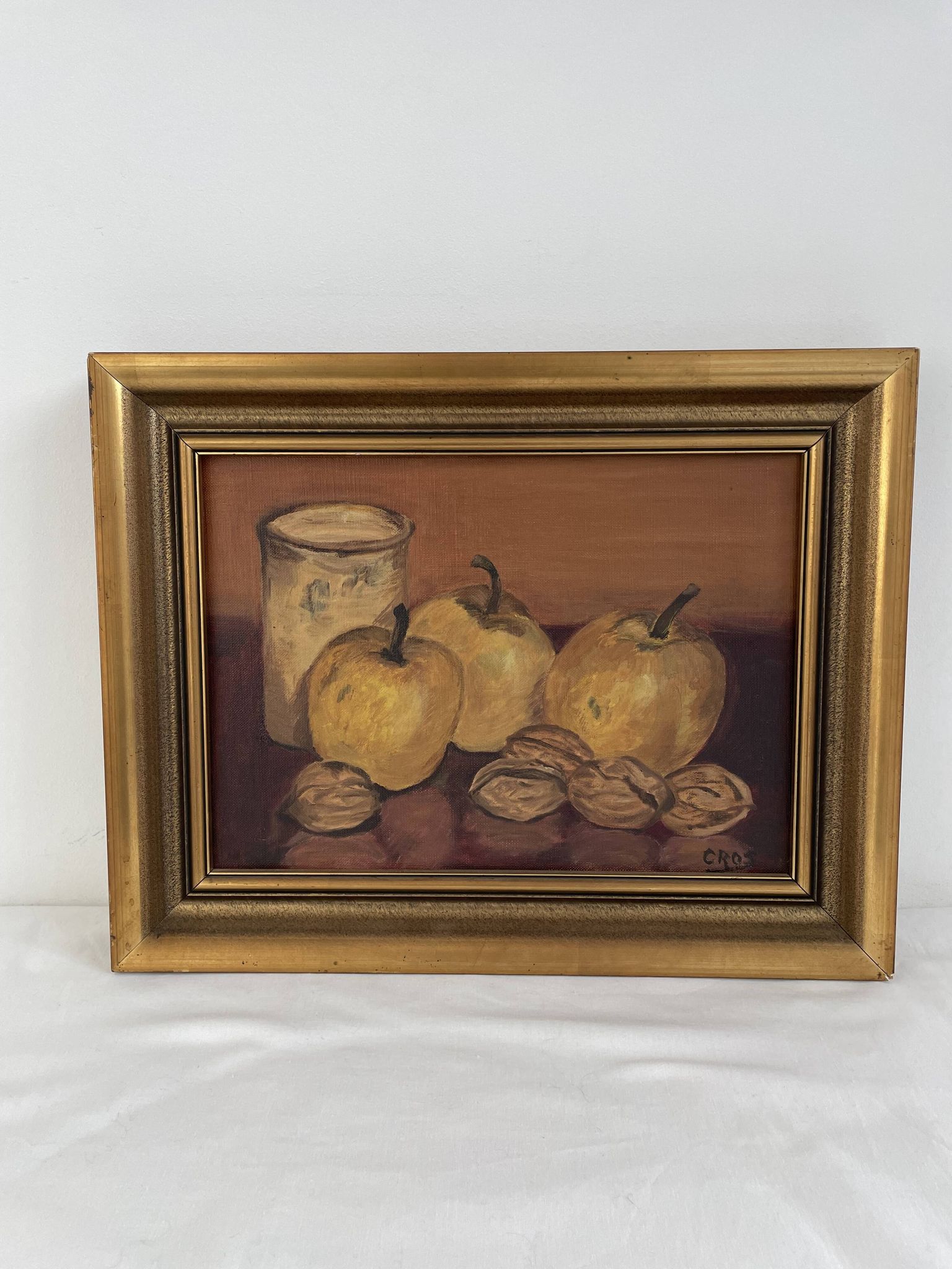 Oil painting on canvas, still life with fruits and pot, nuts, signed, George Cros, signed
