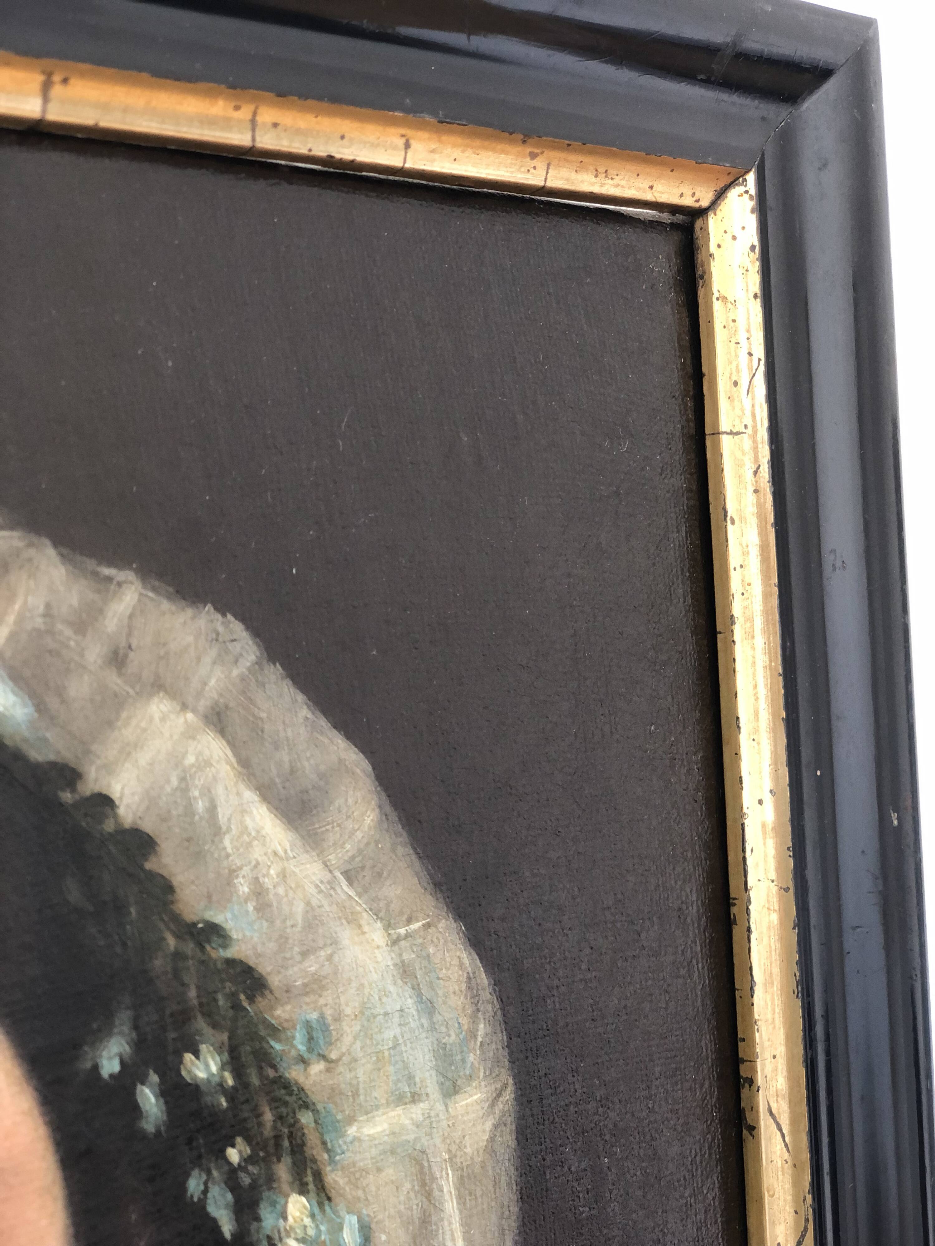 Peinture à l'huile antique vintage d'une dame néerlandaise, 19e siècle