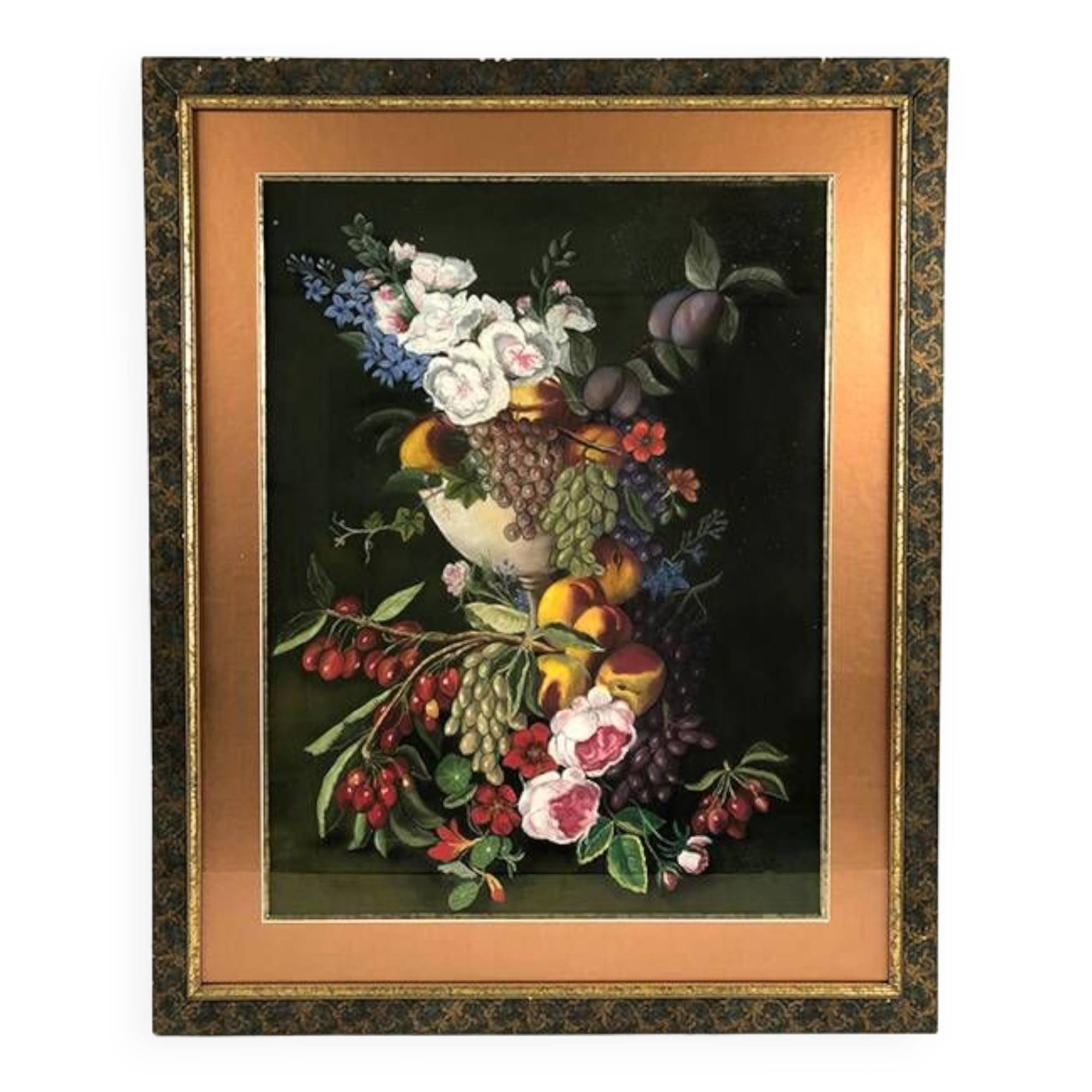 Large pastel signed Annie Faure, still life with flowers and fruits