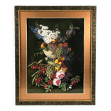 Large pastel signed Annie Faure, still life with flowers and fruits