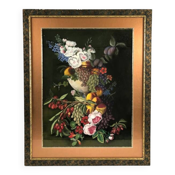 Large pastel signed Annie Faure, still life with flowers and fruits