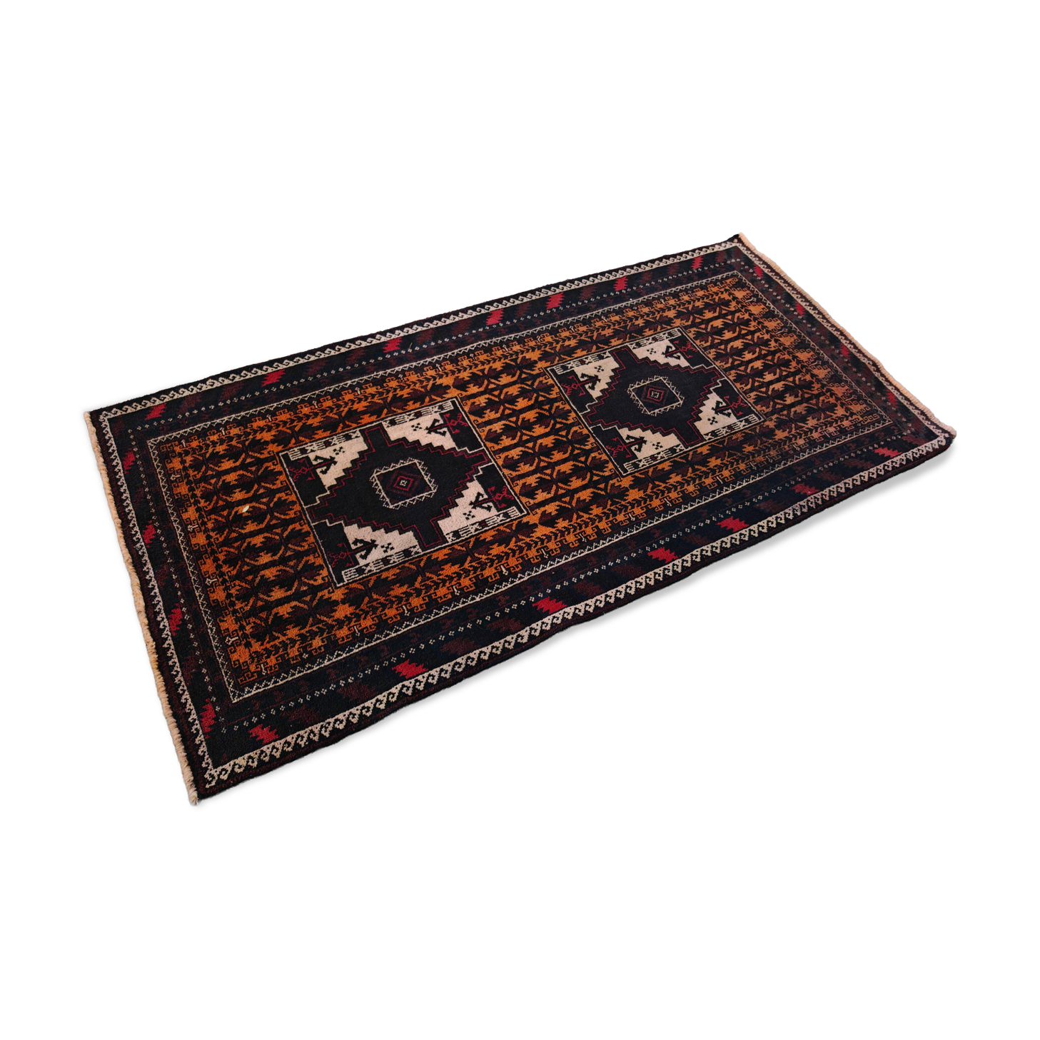 Vintage Persian Baluch rug, hand-knotted wool, 1970.