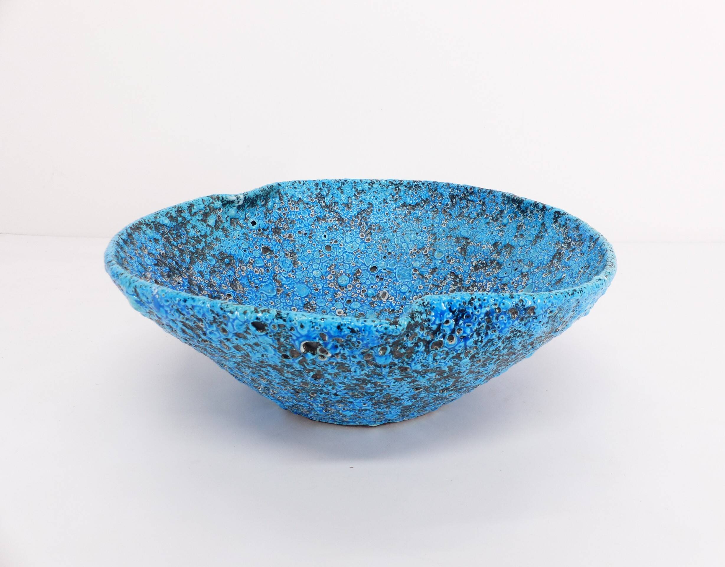 Ceramic fruit bowl with turquoise blue sea foam enamels, 1950