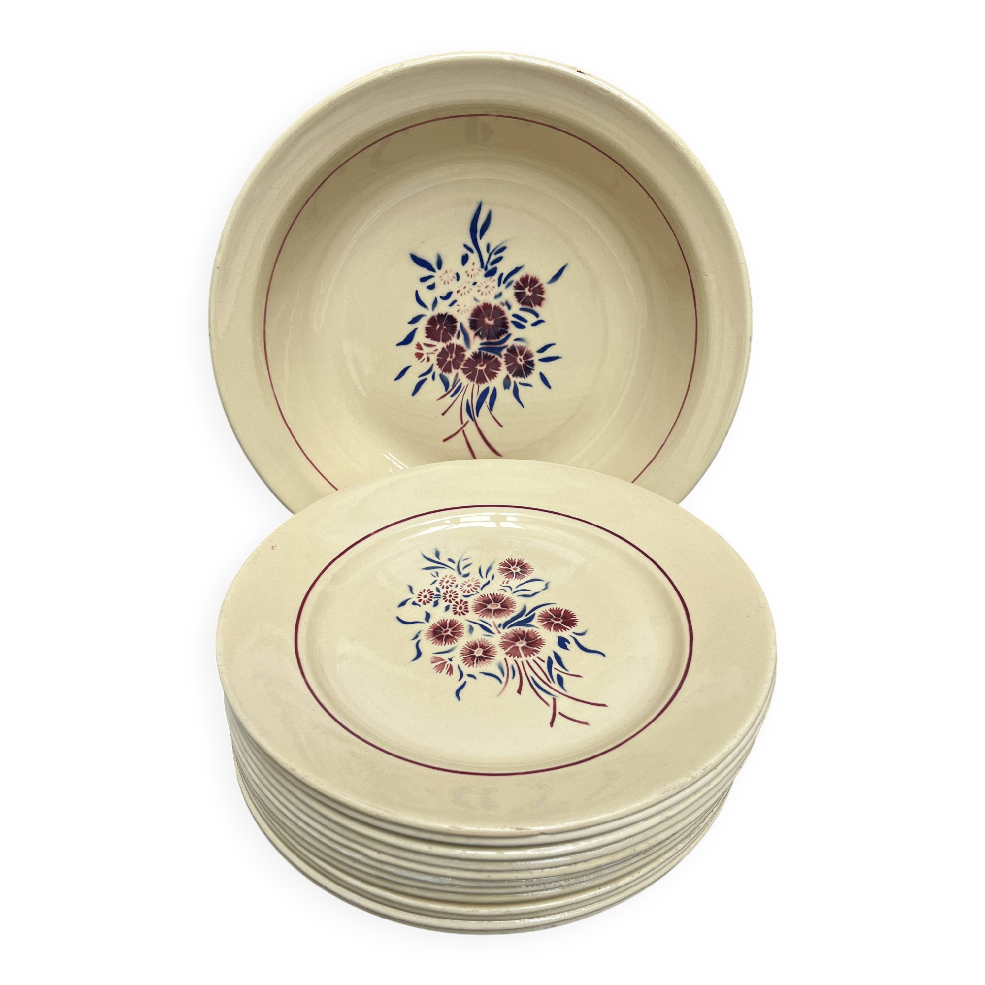 Set 12 assiettes plates « œillets » et plat Badonviller