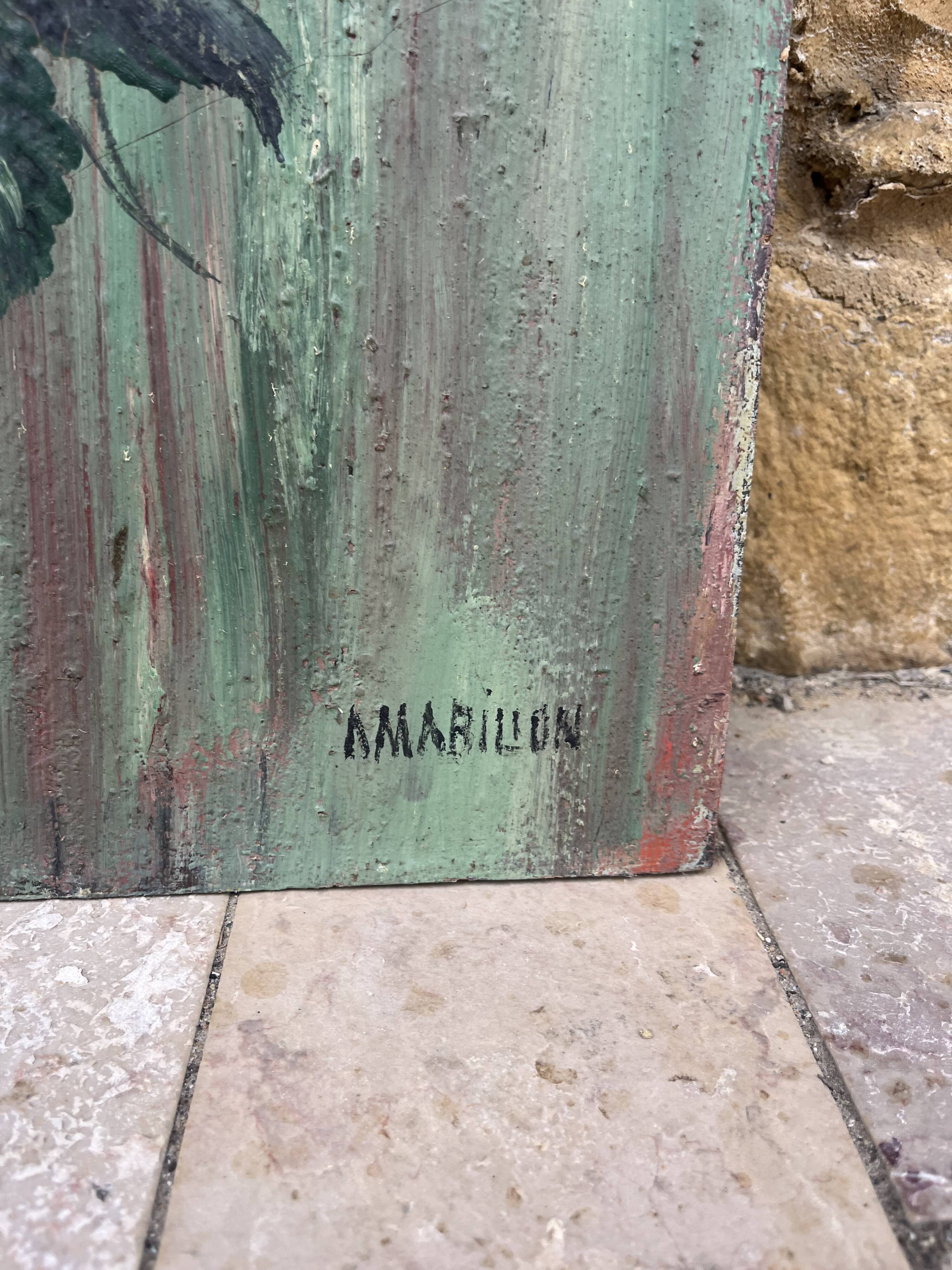 Antique painting – Bouquet of flowers on a patinated green background – signed