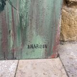 Antique painting – Bouquet of flowers on a patinated green background – signed