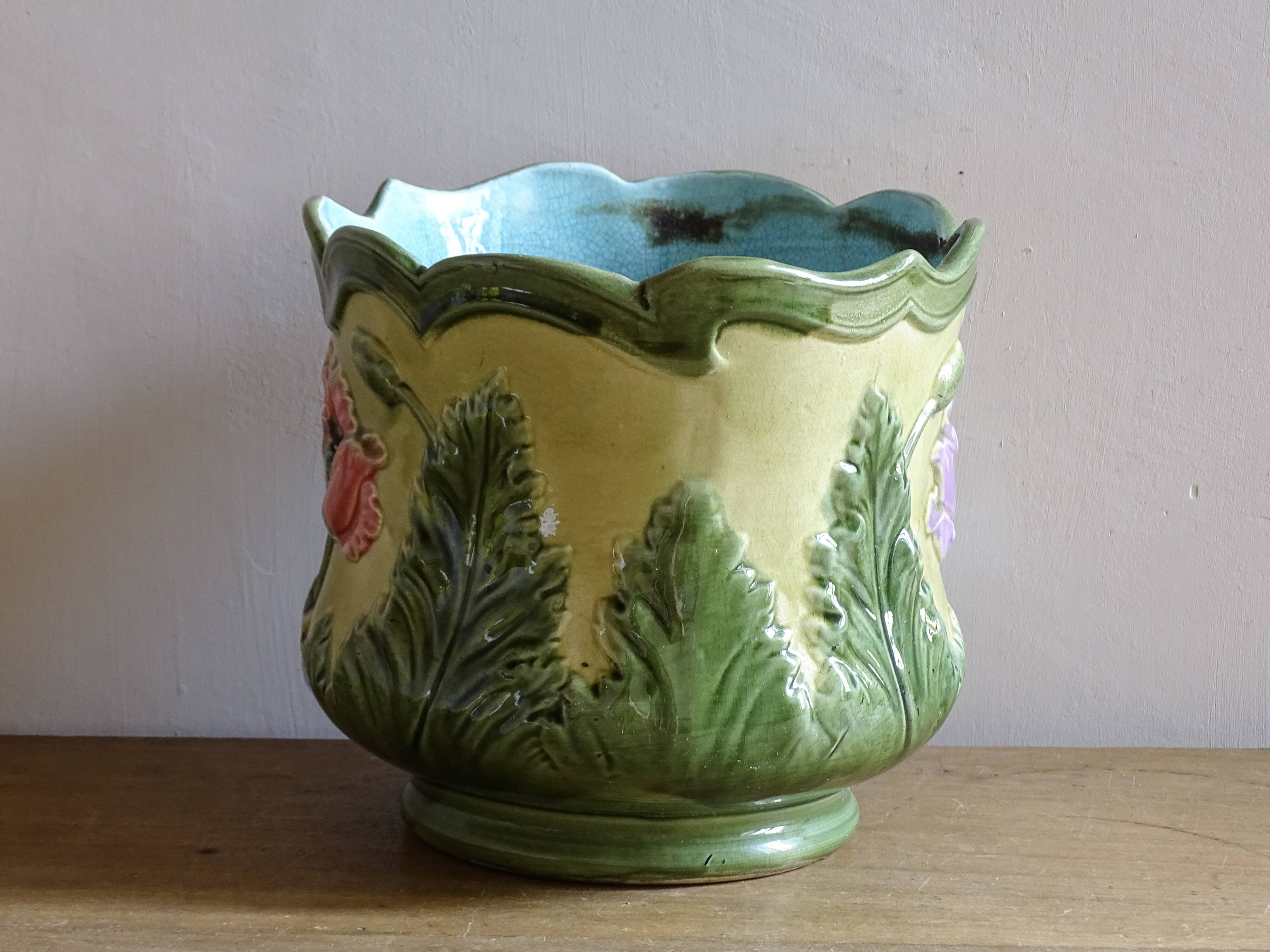 Antique Ceramic Cache Pot with Poppies, Art Nouveau Planter