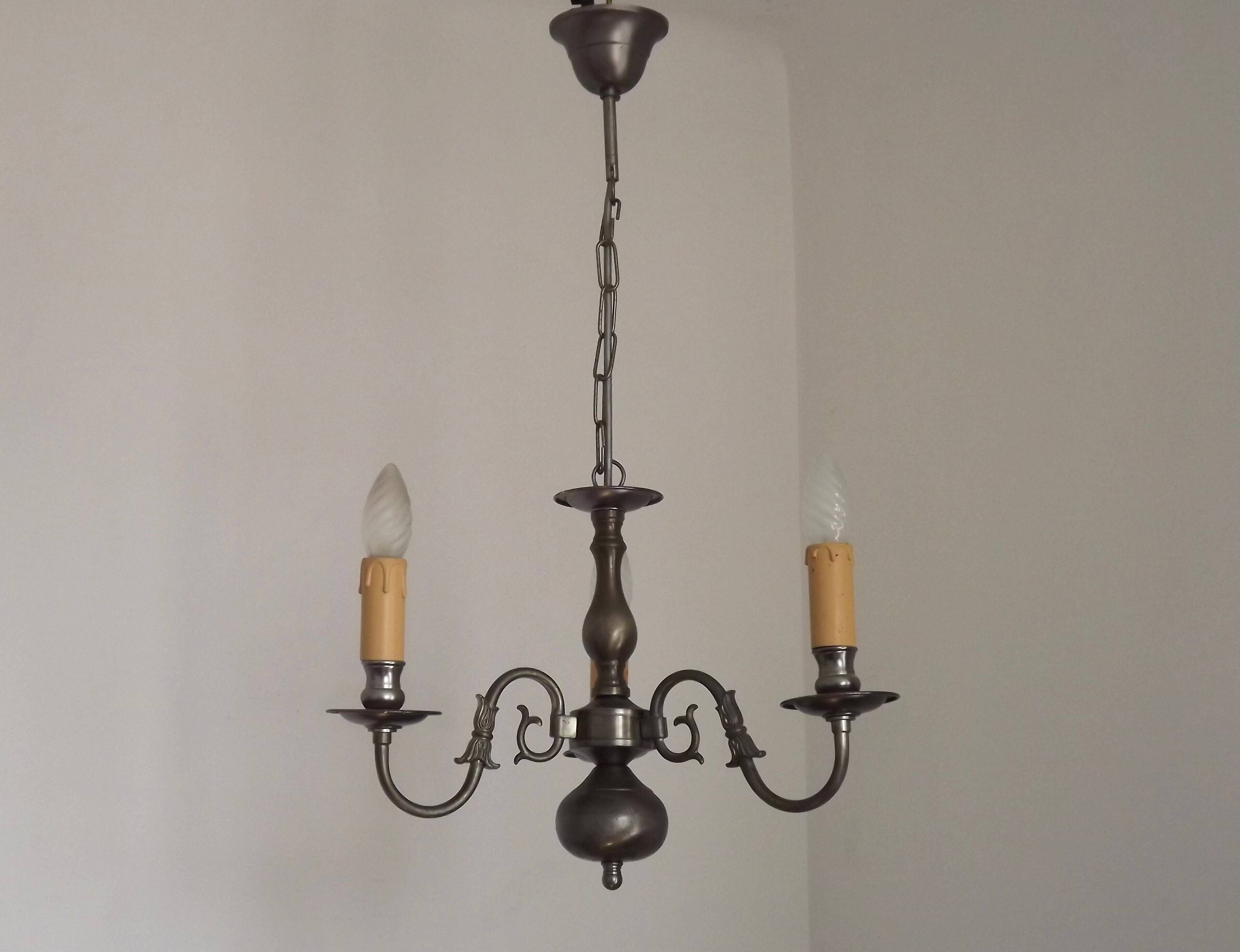 Italian Vintage Silver Brushed Metal 3 Light Flemish Style Chandelier