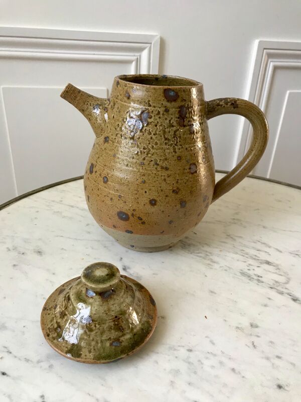service à café 6 tasses et sous-tasses, theière et sucrier en cérémique / poterie / grès années 50-6
