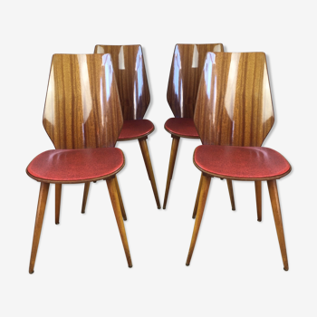 Lot de 4 chaises années 1960 skaï rouge pieds compas