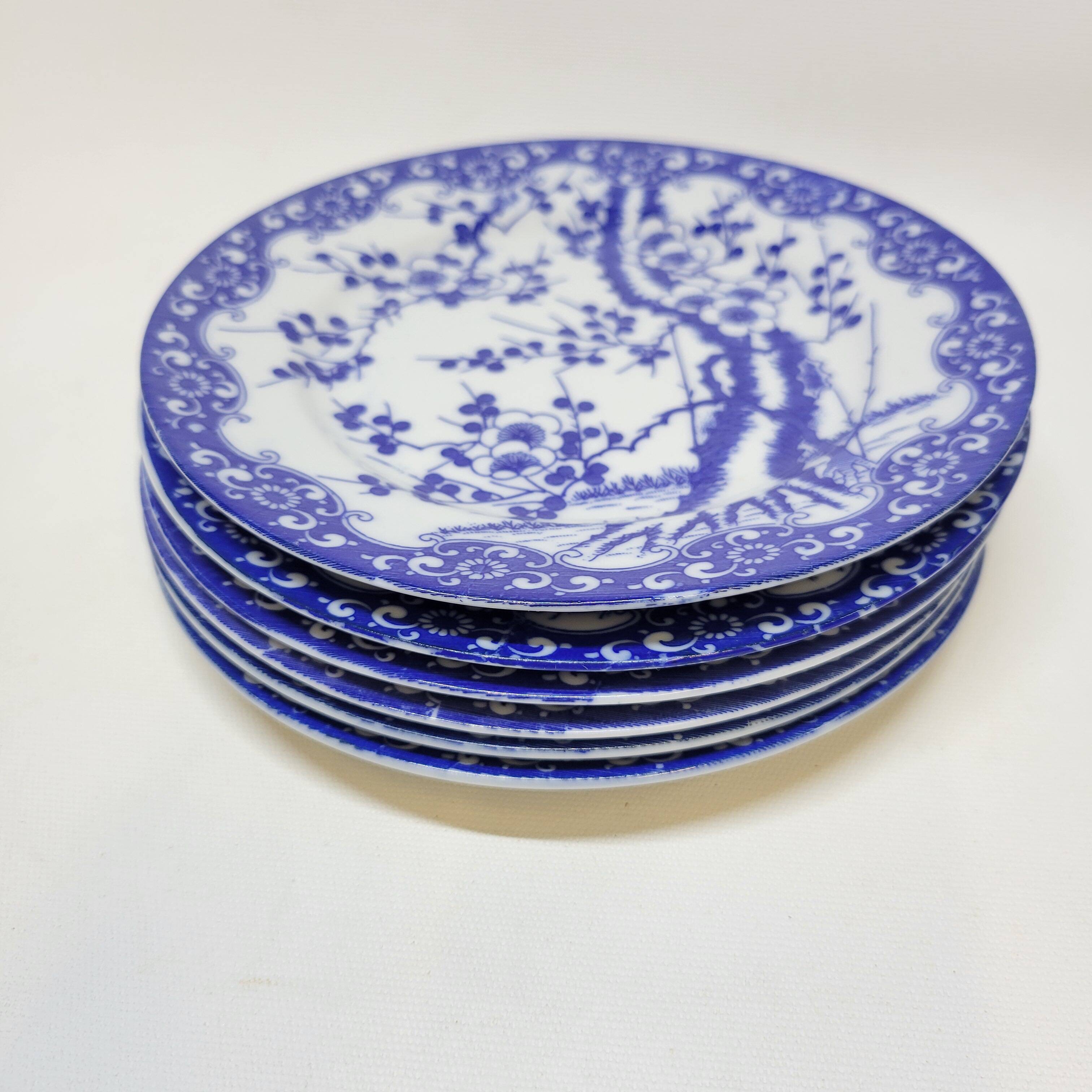 6 Small Dessert Plates in Fine Porcelain with Cherry Blue Decor