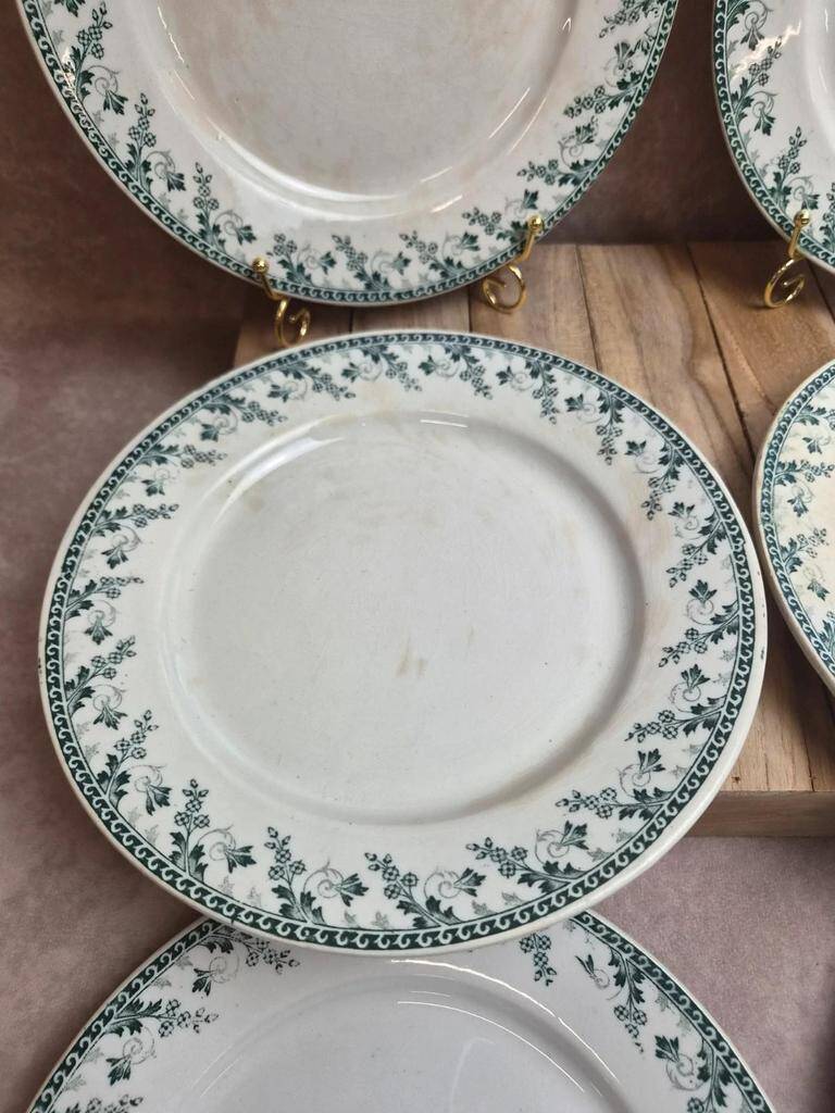 Set of 6 flat plates, Gien Montigny ironstone – old green decoration.