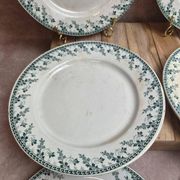 Set of 6 flat plates, Gien Montigny ironstone – old green decoration.