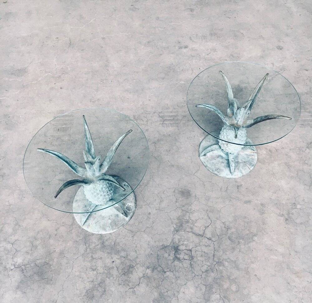 Hollywood Regency Style Brass Patinated Pineapple Side Tables, France, 1970s, Set of 2