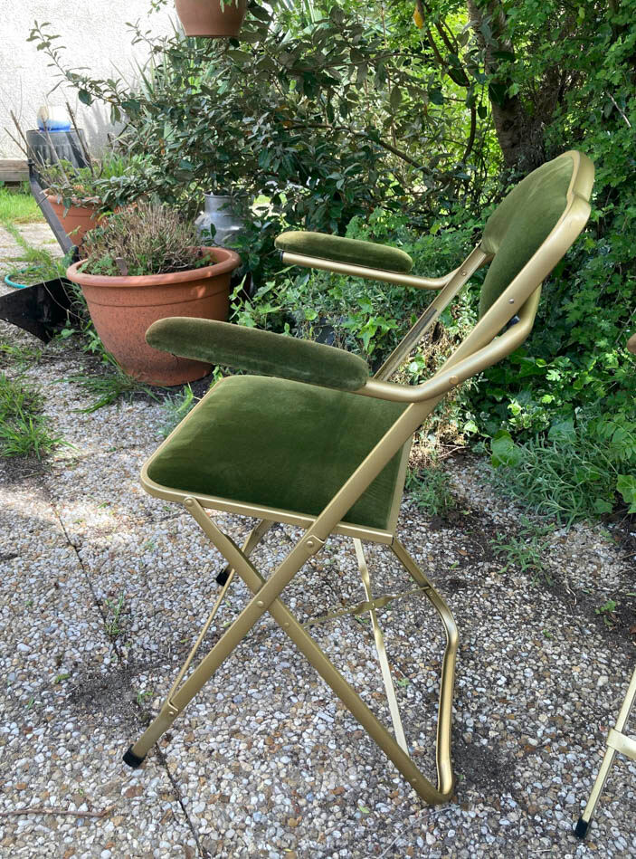Set of 4 vintage folding armchairs in green velvet