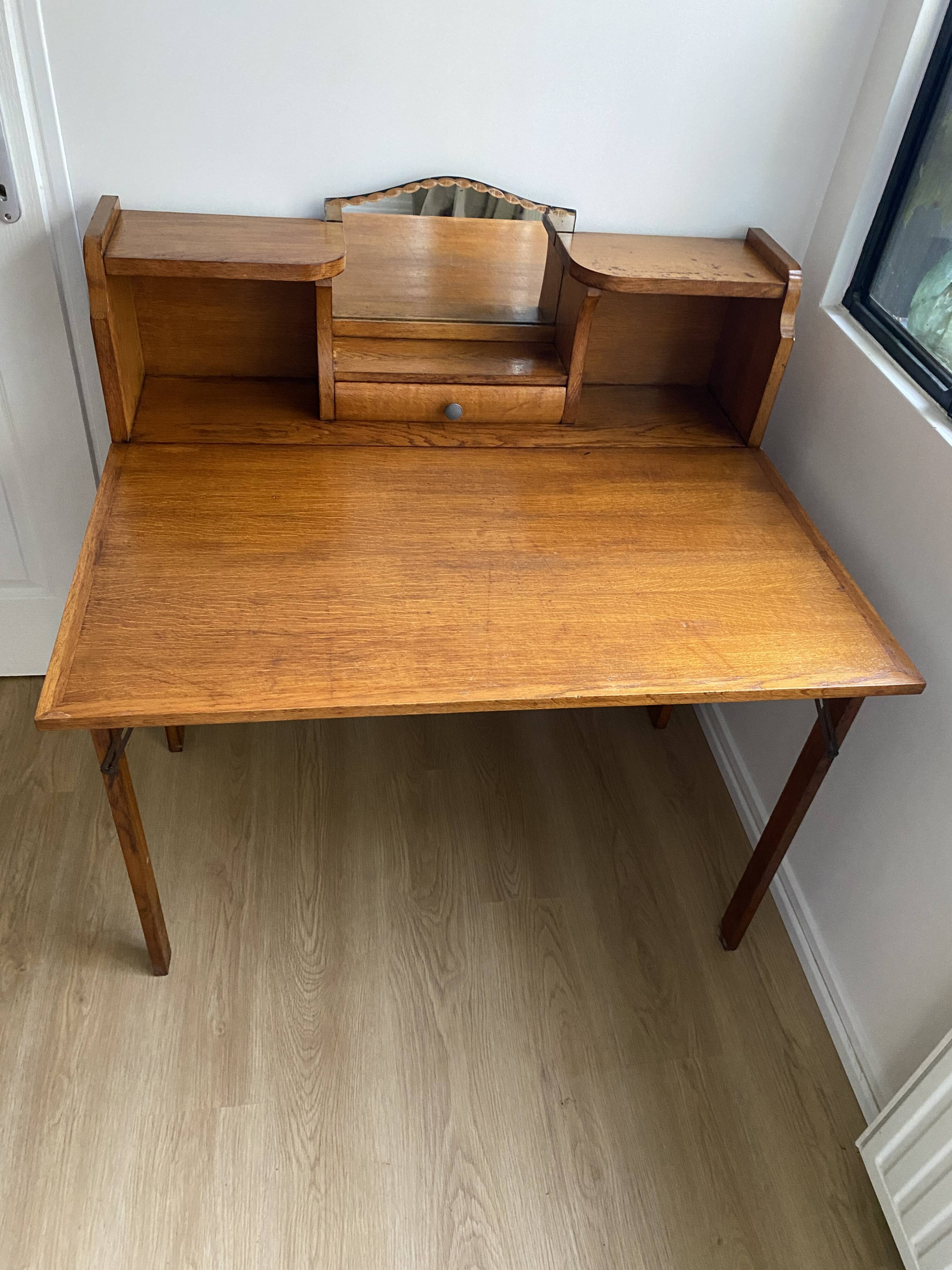 Wooden console table / vintage folding desk with mirror and small drawer