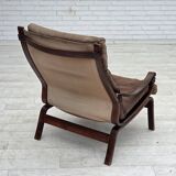 1970s, Scandinavian lounge chair, nubuck leather, canvas, beech wood.