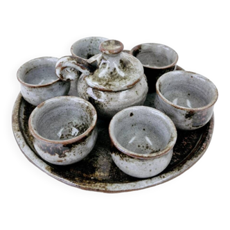 Vintage enameled stoneware service with 6 small bowls and a sugar bowl or sauce bowl