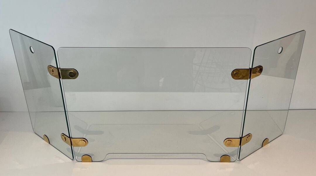 Three-Panel Folding Fire Screen with Clear Glass and Brass Hinges Ova
