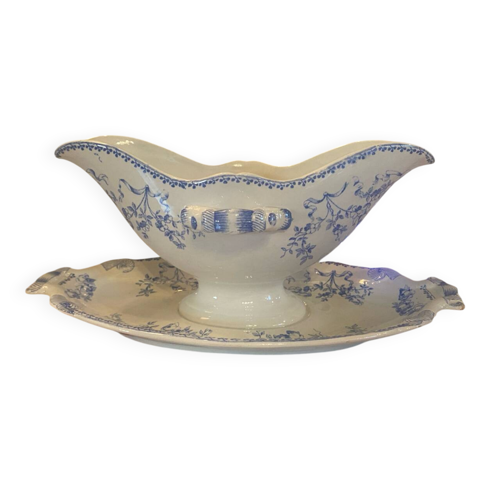 Mozart pattern earthenware gravy boat stamped Sarreguemines