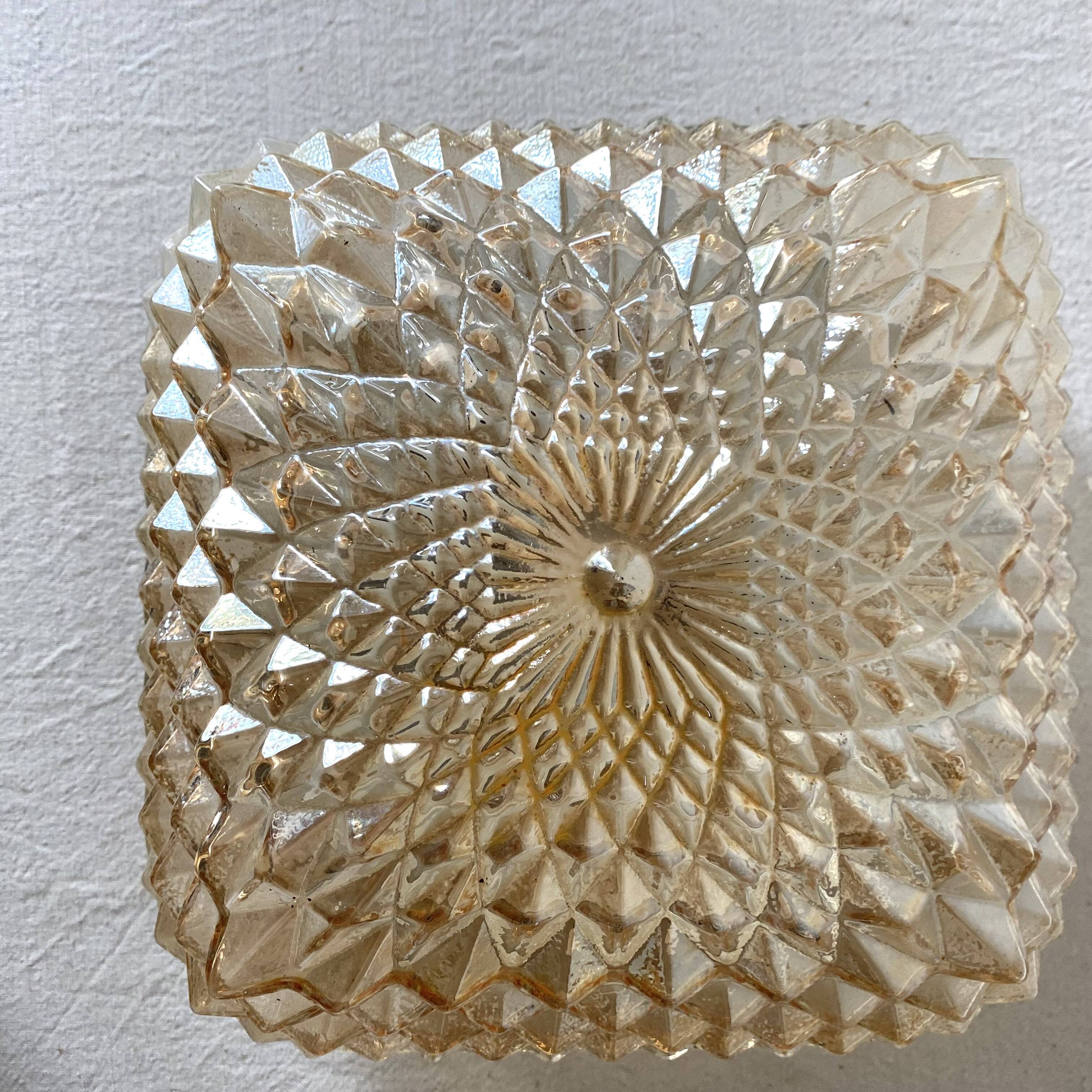 Square ceiling light in iridescent clear amber glass