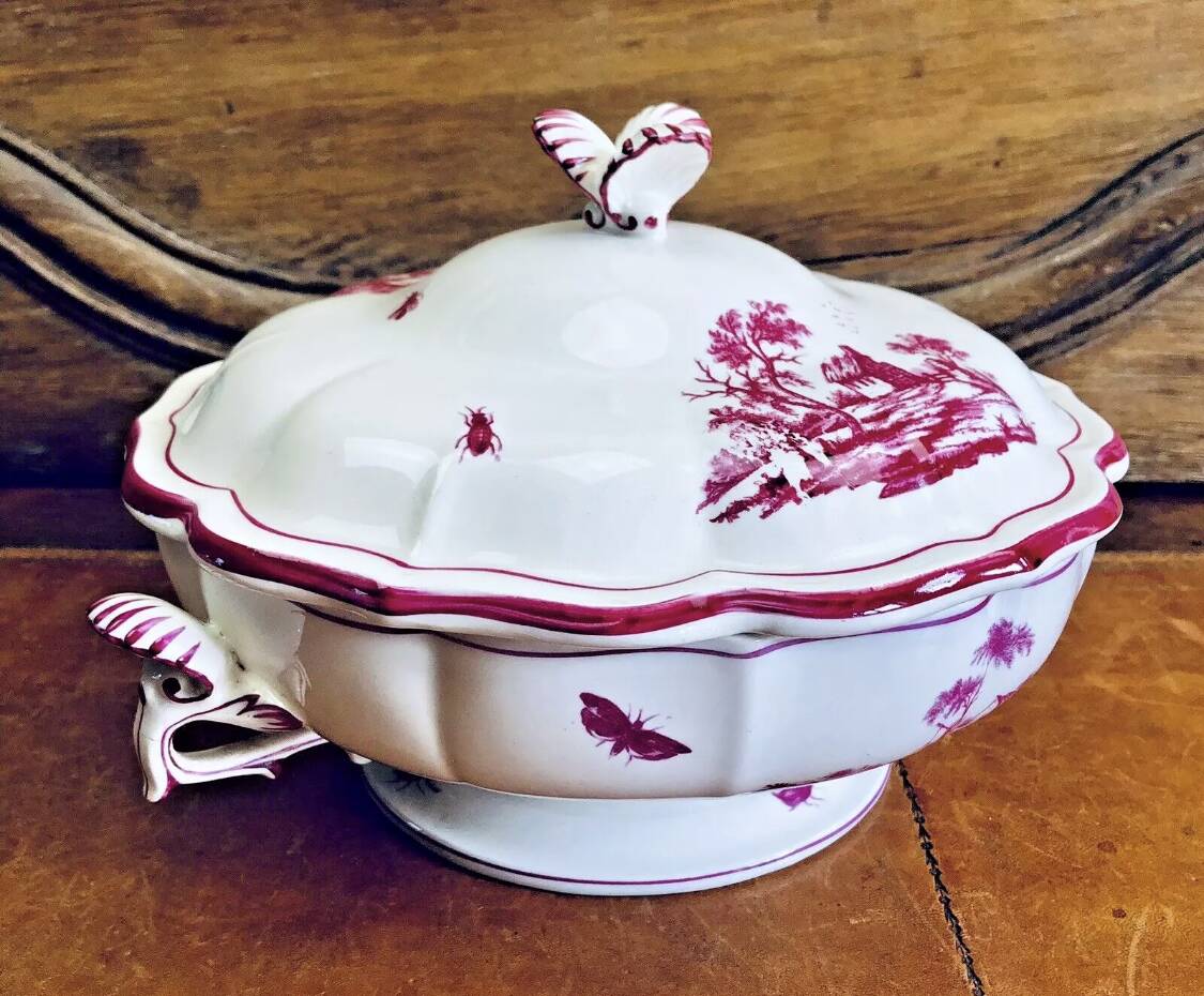 Old small Gien earthenware vegetable soup tureen, pink landscape model