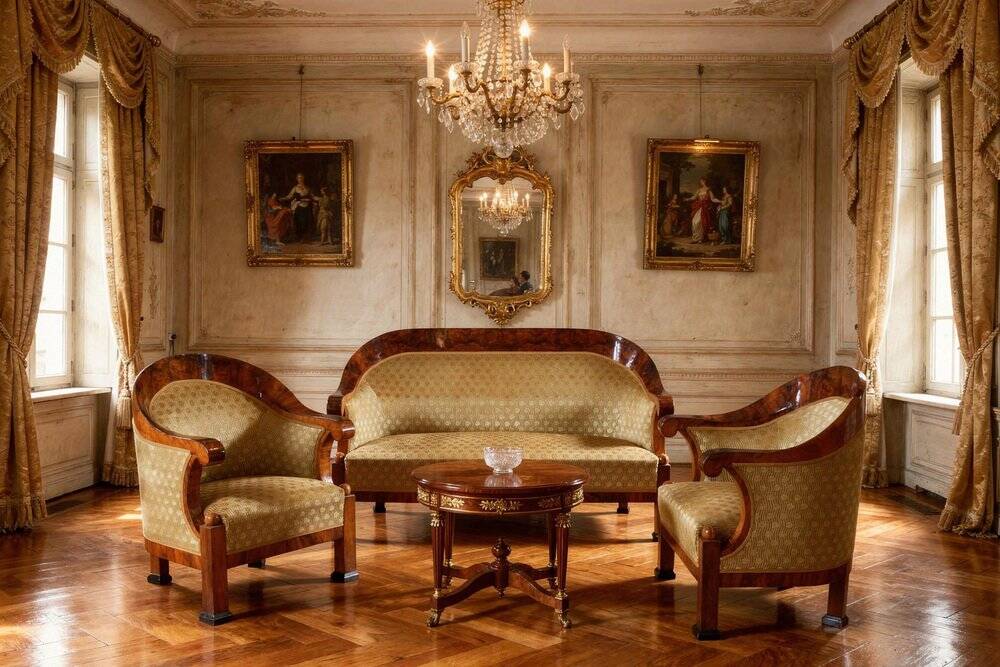 Empire Upholstered and Inlaid Walnut Living Room Set, Austria, 1810s, Set of 3
