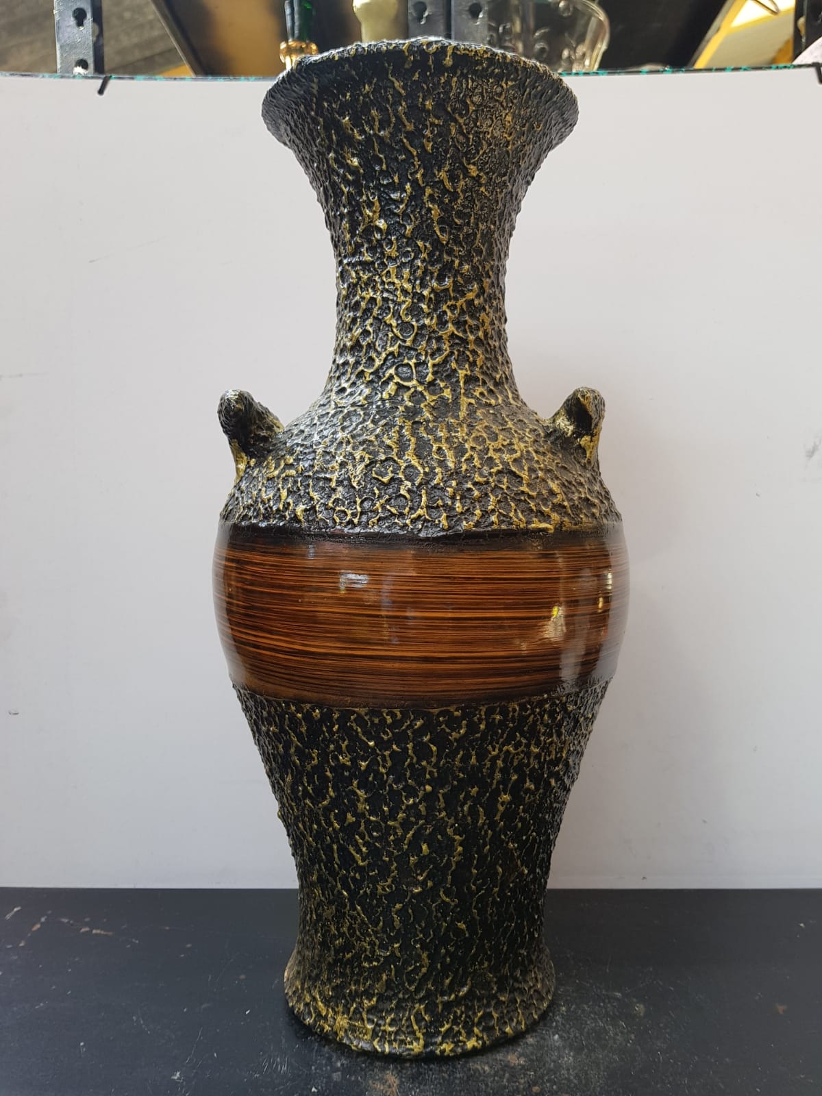 Vase large model black ceramic gold & brown vintage wood imitation
