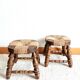 Paire de tabourets de cheminée bois et paille 1950