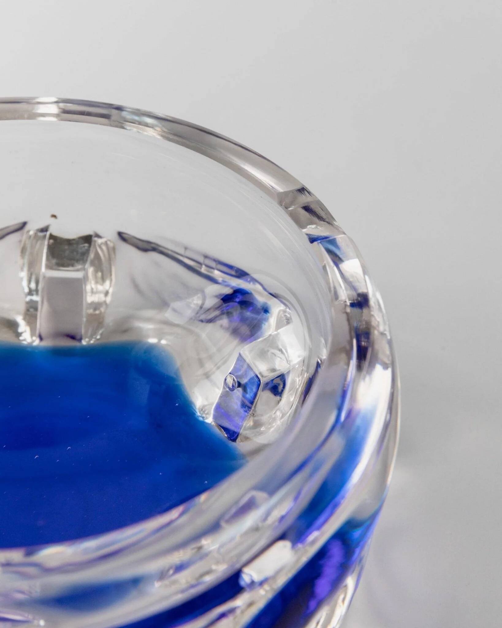 Vintage Murano Glass Ashtray: clear glass with cobalt-blue bubble, mid-century Italian design