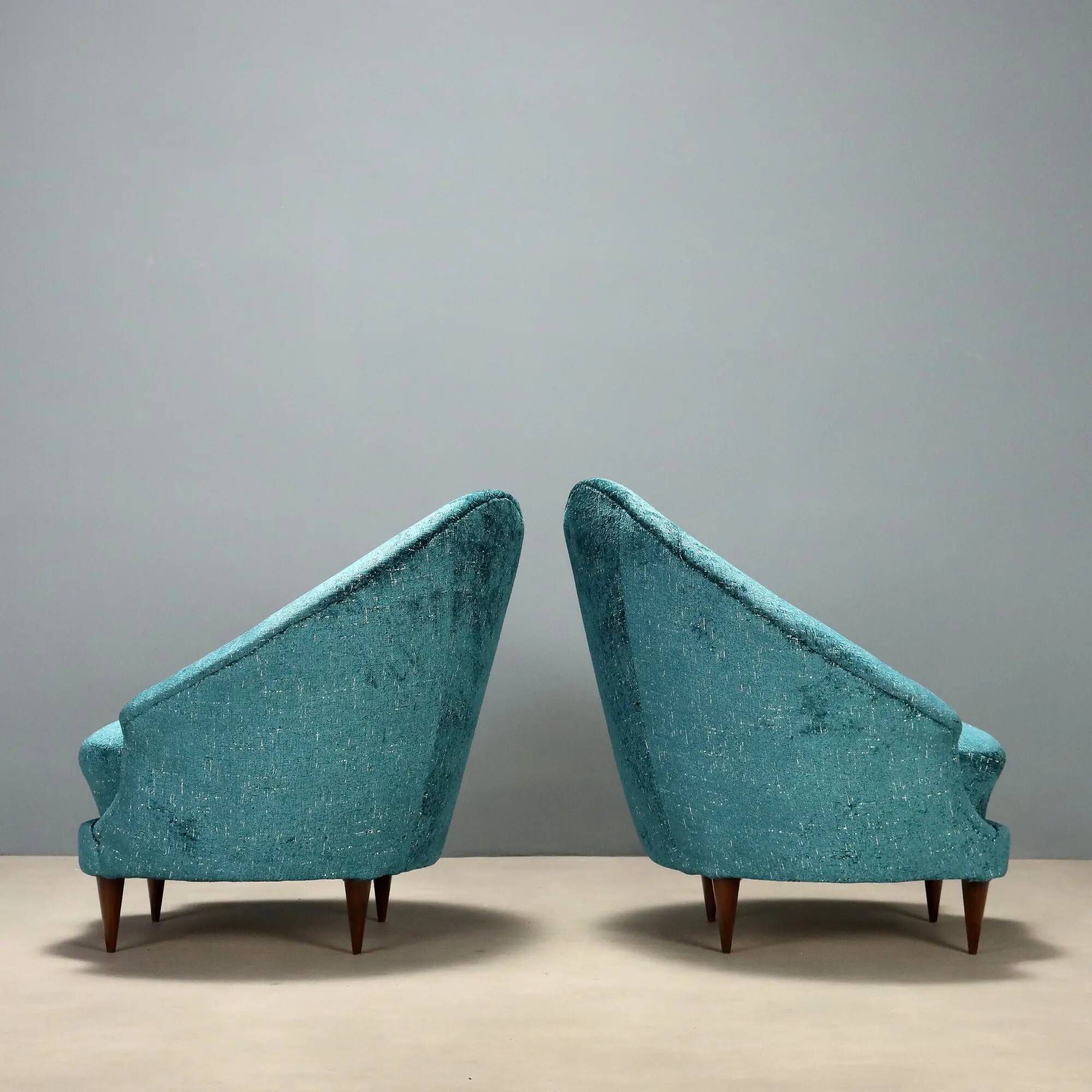 Pair of vintage armchairs in blue fabric and beech, Italy, 1950s