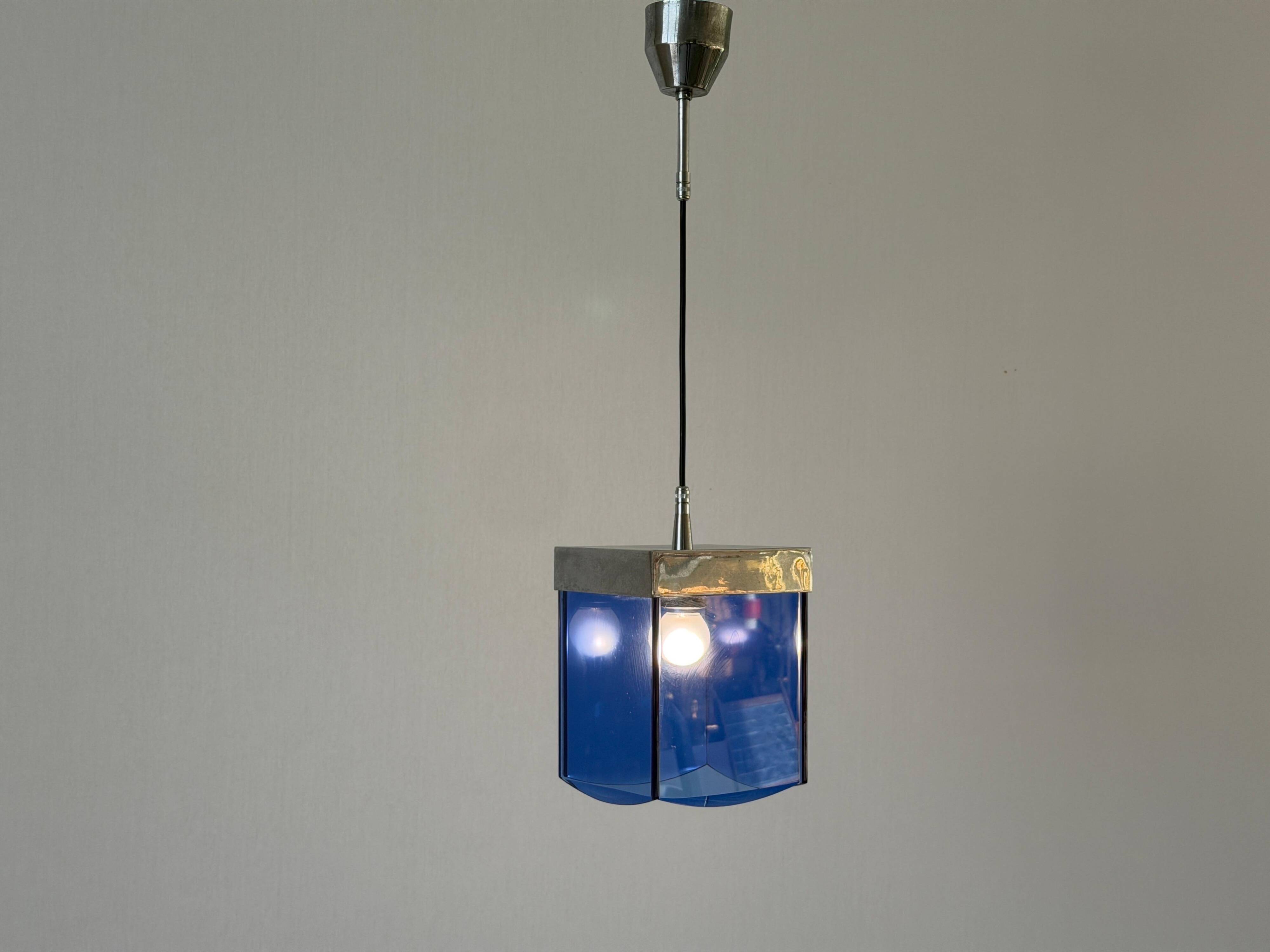 Art Deco ceiling light in blue glass and chrome, 1950s, Italy