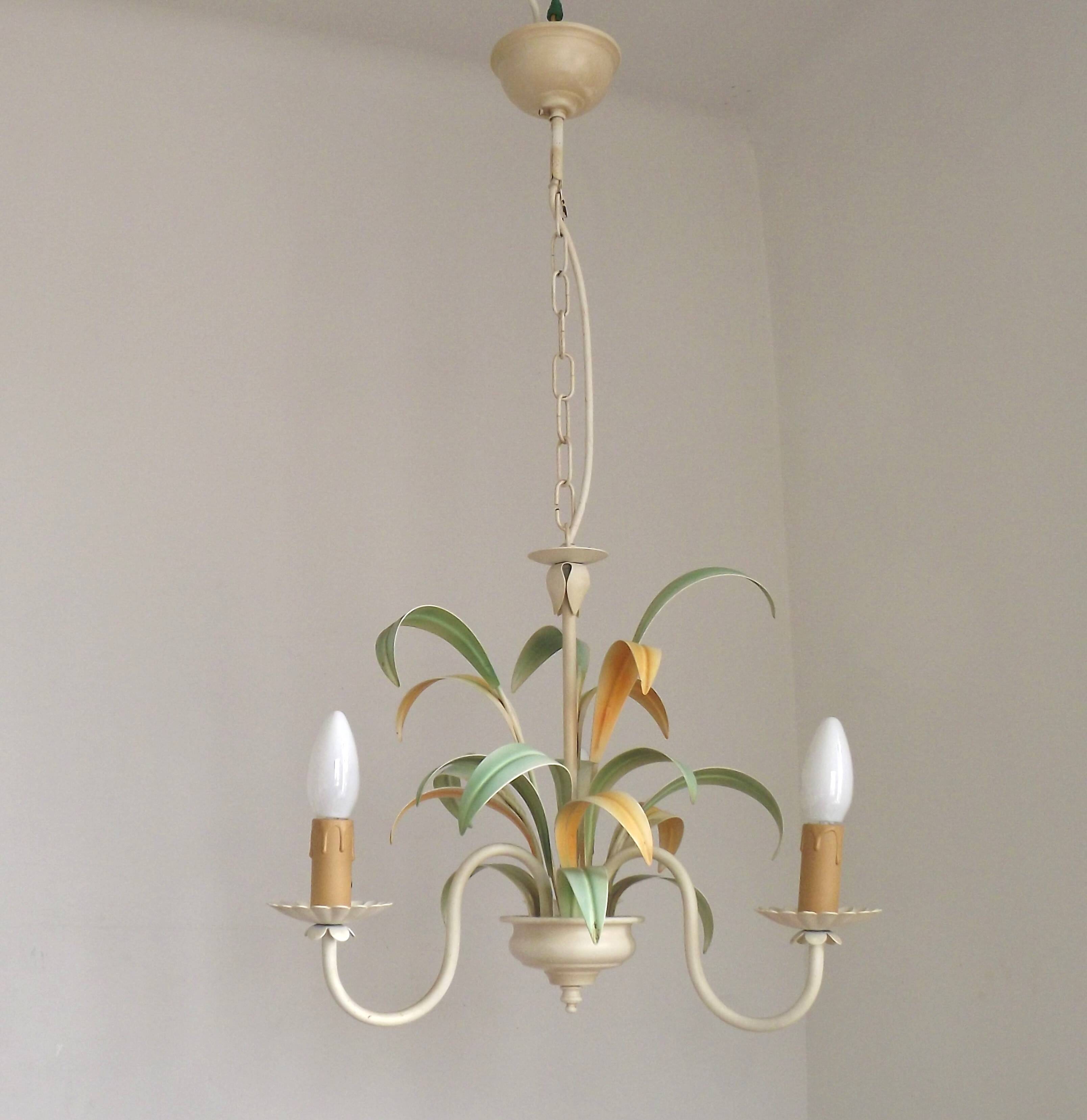 French Vintage Cream 3 Light Chandelier Green and Peach Leaves